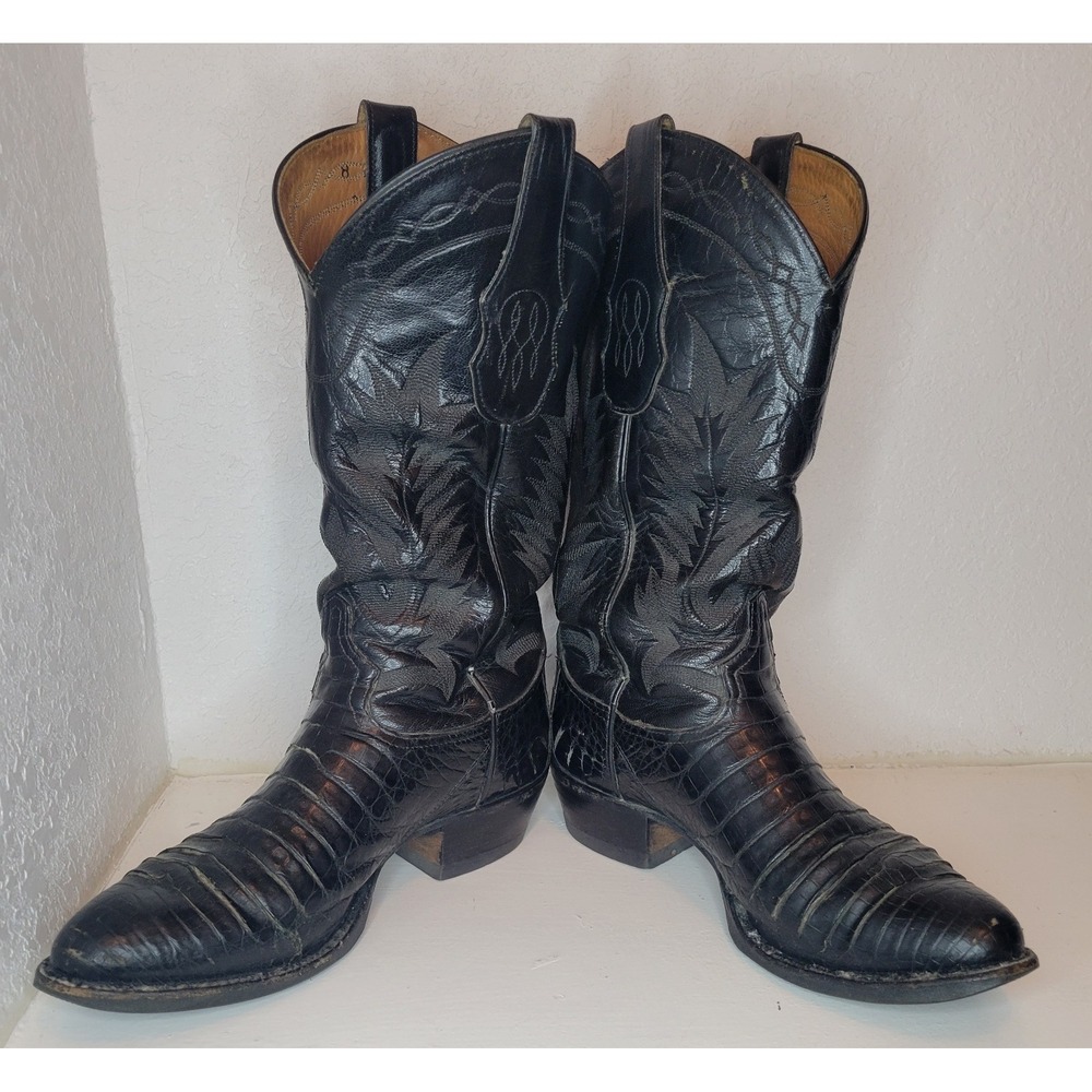 Men's Tony Lama‎ Black Cowboy Boots 8.5 D Caiman Belly Cut Crocodile